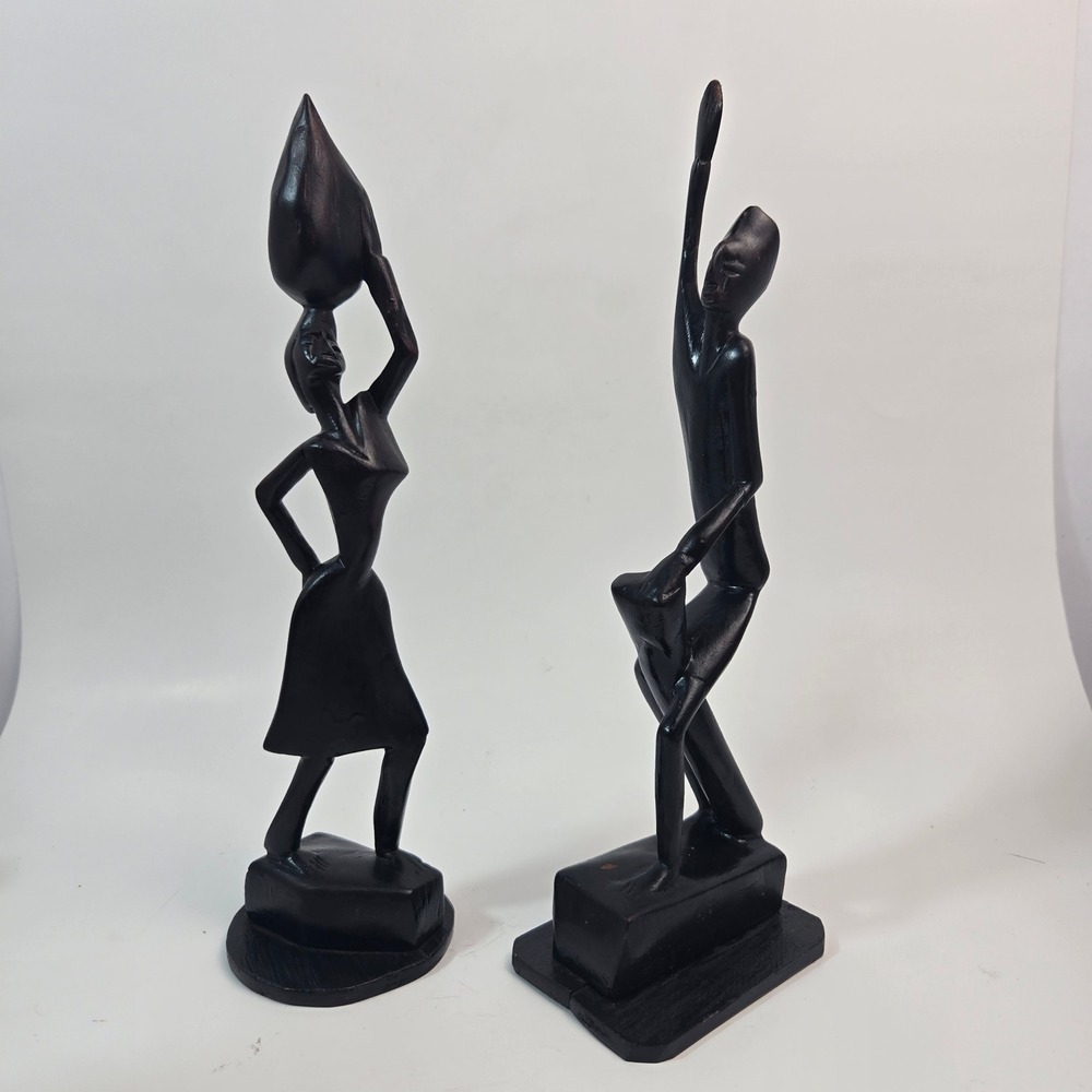 Vintage Hand Carved African Ebony Wood Statues Man Woman Figurines Set of 2